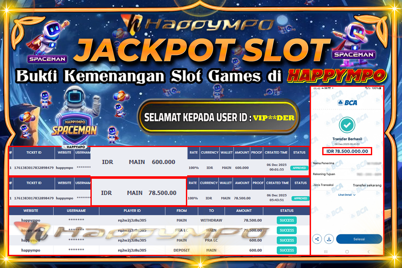 HAPPYMPO JACKPOT SLOT LIVA GAME SPACEMAN Rp.78.500.000,- LUNAS